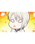 40x20 inches anime girl desk pad with sleepy chibi blonde, orange rays, mint and peach dots, cloud puffs.