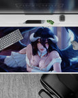 Albedo from Overlord on 40x20 inch anime mouse pad, her golden eyes and dark wings against a blue-violet background.