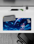 Celestial 28x12 mouse pad with Zero Two immersed in a starry night, blending deep blues and soft pinks for a nostalgic anime-inspired design