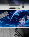 Celestial romance 40x20 desk pad with Zero Two in a starry night sky, blending deep blues and soft pinks for an elegant anime-inspired design