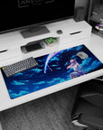 Celestial elegance 36x16 anime desk mat with Zero Two immersed in a breathtaking starry sky, blending deep blues and soft pinks for anime-inspired romance
