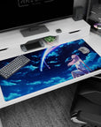 Breathtaking 40x20 anime desk mat featuring Zero Two from Darling in the Franxx, immersed in a starry night with deep blues and soft pinks