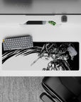 High-contrast black and white anime mouse pad 32x12 inches, dramatic inked mecha energy and clean chaos.
