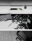 High-contrast black and white anime mouse pad 36x16 inches, bold ink shading for dramatic desk energy.