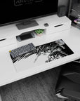 28x12 inches anime mouse pad showing a Mobile Suit Gundam-inspired mecha mid-strike with lance and flowing cape.