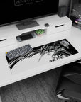 Mecha mid-strike scene on anime mouse pad 32x12 inches, armored suit lunging with a heavy lance.