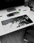 32x16 inches anime mouse pad showing a Gundam-like mobile suit mid-strike, lance raised, cape of speed lines.