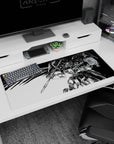 Fierce mecha mid-strike with heavy lance and flowing cape of speed lines on 36x16 inches anime desk pad.