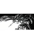 Gundam-inspired mecha anime desk pad 36x16 inches with sharp armor, lance, and manga-style speed lines.