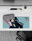 28x12 inches kawaii desk mouse pad in cool blues with punchy red text, cute-serious study vibe.