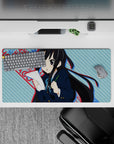 32x16 inches kawaii desk mat in cool blue stripes with punchy red text, cute-serious cram session vibe.