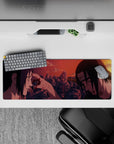 Burnt orange and red sunset over jagged rocks, emotional anime mouse pad 32x12 inches.