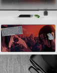 Emotional anime mouse pad in sunset reds and burnt orange tones with spark-like streaks, 32x16 inches.