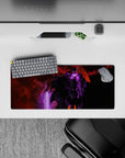 28x12 inches mouse pad with Sung Jin-Woo design, surrounded by purple energy and fiery red backdrop to capture his raw, unstoppable power.