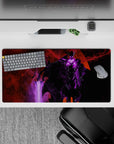 32x16 inches mouse pad with Sung Jin-Woo design, showcasing purple energy and fiery red backdrop for an intense, bold, and dynamic look.