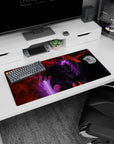 Modern 32x16 inches mouse pad featuring Sung Jin-Woo design, with purple energy and fiery red backdrop for a high-energy, powerful anime effect.