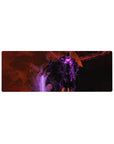 Compact 32x12 inches mouse pad with Sung Jin-Woo design, surrounded by purple energy and fiery red backdrop for a dramatic, dynamic vibe.