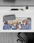28x12 inches anime girl mouse pad in soft blues and clean white space, playful cozy hallway vibe.