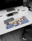 28x12 inches anime girl mouse pad featuring a winking blazer girl flashing a peace sign, friends crowded.