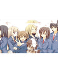 Anime girl desk pad 40x20 inches with school-uniform friends, wink and peace sign, drifting petals.