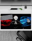 Vibrant 32x16 mouse pad showcasing Gojo Satoru's red and blue cosmic energy from Jujutsu Kaisen