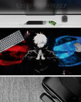 Dynamic 40x20 desk pad showcasing Gojo Satoru's dual forces from Jujutsu Kaisen for anime enthusiasts