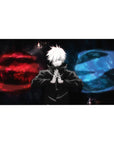 Jujutsu Kaisen desk pad 40x20 featuring Gojo Satoru's red and blue cosmic energy for a powerful workspace
