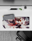 28x12 inches anime mouse pad in warm orange glow over dark armor, red scarf ribbons, stormy shadows.