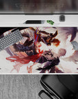 40x20 inches anime desk pad in warm orange glow, dark armor blues, red scarf ribbons, and stormy shadows.