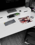 Anime mouse pad 14x10 inches showing orange-haired fighter vs silver-haired rival, blades clashing between white wings.