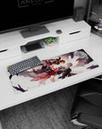 Anime mouse pad 32x12 inches showing orange-haired fighter vs silver-haired rival, blades crossed in air.