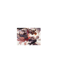 Classic anime mouse pad 14x10 inches with frozen mid-air duel, crossed blades, capes, wings, and ink-splash grit.