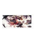 28x12 inches anime mouse pad with mid-air sword duel, wings, capes, and ink-splash action scene.