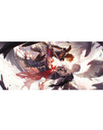 36x16 inches anime desk pad with mid-air sword duel, wings and capes, ink-splash action art.