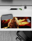 Intense 32x12 mouse pad features Bakugo's dragon confrontation with striking flames and bold visuals