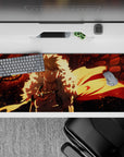 Striking 36x16 desk pad highlights Bakugo's intensity with a dramatic dragon and flame theme for anime fans