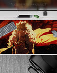Dynamic 40x20 desk pad showcases Bakugo's fiery power with a massive dragon's eye and flames for bold appeal