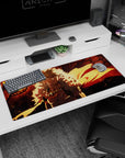 Flame-surrounded Bakugo artwork on 36x16 mouse pad brings medieval fantasy to life with vivid details