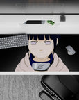 36x16 inches desk pad in navy and lavender tones, calm serious vibe, cozy hoodie anime artwork.