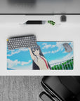 28x12 inches anime girl mouse pad in soft blue sky tones with fluffy clouds, calm confident vibe for desk setups.