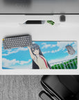 32x12 inches anime girl mouse pad in soft blue sky tones, fluffy clouds, calm confident vibe.
