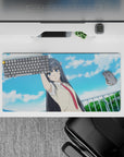 32x16 inches anime girl mouse pad in soft blue skies and calm pastel tones, clean linework and gradients.
