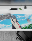 36x16 inches desk pad in soft blue sky tones and calm mood, smooth gradients, cute anime style.