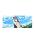 28x12 inches anime girl mouse pad with school uniform character pointing skyward, clouds backdrop, clean linework.