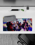 28x12 inches anime mouse pad in neon purple and moonlit blue with gunmetal shine, dark night vibe.