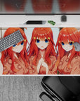 Cute anime desk pad 40x20 inches in warm peach and orange tones, cozy selfie vibe, smooth mouse glide.