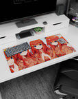 Five red-haired anime girls crowd a selfie frame on a mouse pad 32x16 inches, star clips, mixed expressions.