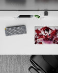 Red and black anime mouse pad 14x10 inches with crimson lace, glitch lines, and a dark midnight vibe.