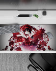 36x16 inches anime girl mouse pad in deep red and black, midnight mood with sparks and shadowy swirls.
