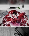 40x20 inches red and black desk pad with crimson sparks, shadowy swirls, dramatic cute midnight vibe.